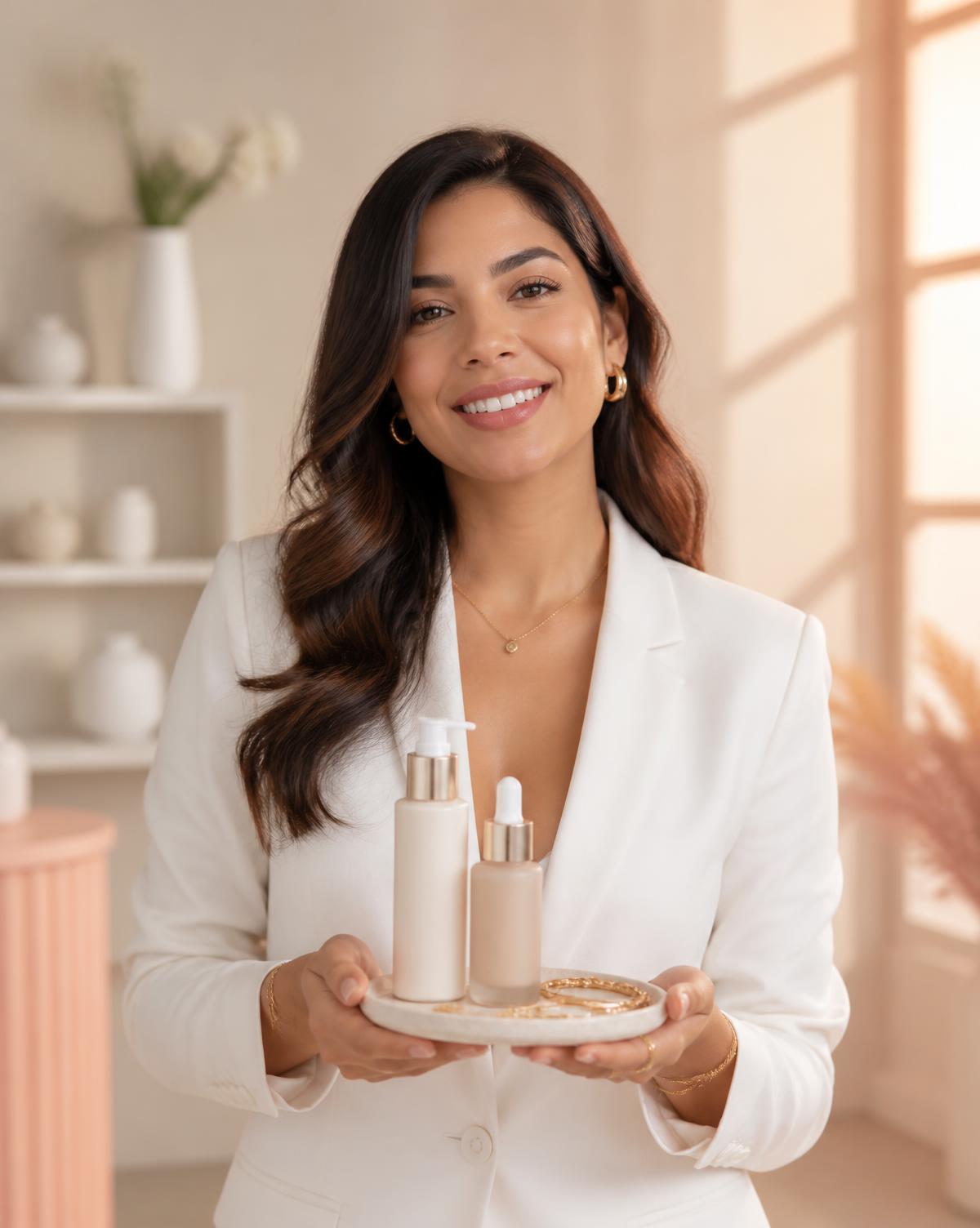 Consultora independiente Yanbal sonriendo con productos de belleza y joyería